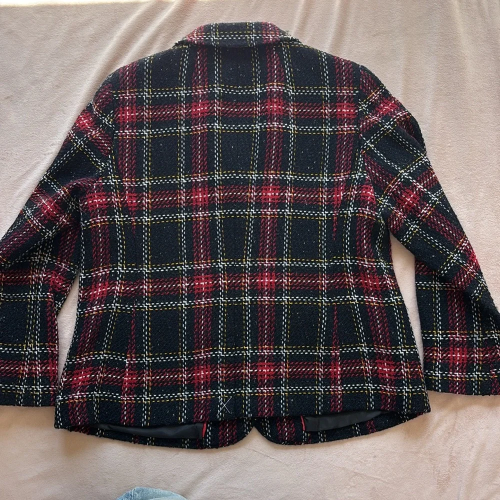 Talbots Aberdeen Tweed Wool Plaid Blazer Blazer Navy Red White Size 16P - Picture 8 of 9